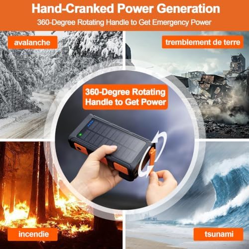 26800mAh Power Bank Solar Inalámbrico con Manivela y 4 Cables, Carga Rápida
