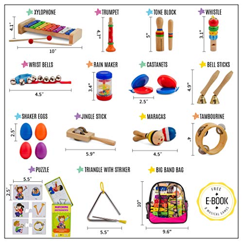 SMART WALLABY 26 pc. Toddler Musical Instruments Set + Bonus Puzzle Matching Game | Wooden Toys Educational Percussion Kit with Xylophone and Storage Backpack. Big Band