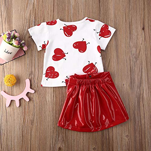 6M-5Y Valentine's Day Outfit Baby Girl Love Heart T-Shirt Top+Zipper Leather Skirt Mini Dress Clothes Set (Red, 6-12 Months)