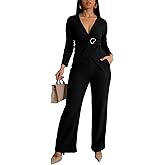 AWASIR Womens Casual Two Piece Outfits Wrap V Neck Crop Top and Flare Pants Set with Pockets