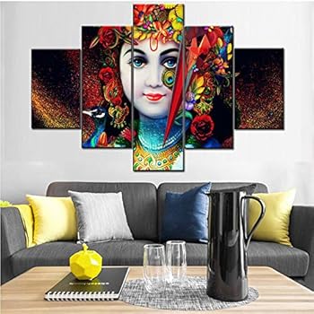 Art Work for Home Walls Indian Paintings 5 Pcs/Multi Panel Canvas Art Radha Krishna Pictures Hindu God Artwork Black Red Home Decor for Living Room Framed Ready to Hang Posters and Prints(60''Wx40''H)