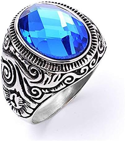 Wibbosad Men's Retro Blue Sapphire Aquamarine Silver Stainless Steel Rings