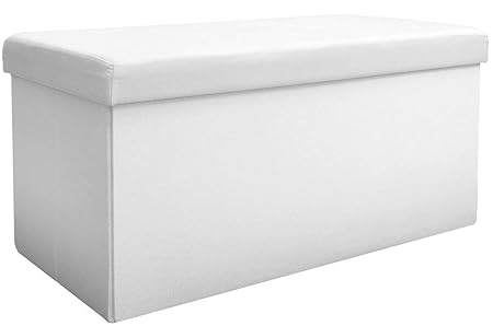 dunedesign Faltbare Sitzbank 76x38x38cm Sitztruhe inkl Trennwand 80L Polsterbank Fußbank Ottomane Leinen-Optik Weiß