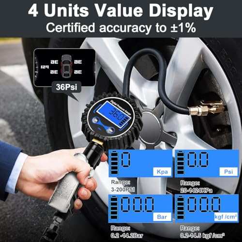 Digital Tire Pressure Gauge Inflator Deflator 200PSI, Air Compressor Kit LCD Air Chuck, Heavy Duty Rubber Hose, Quick Connect Coupler Leak-Proof Valve with Emergency LED Light For Car Bike Ball Truck