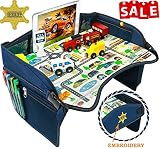 Coolmum Kids Travel Tray, Toddler Car Seat Tray, Activity Organizer, Snack Lap Tray, Baby Stroller Tray, Airplane Play Table, Waterproof and Foldable (Premium Blue))