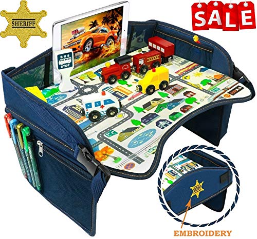Coolmum Kids Travel Tray, Toddler Car Seat Tray, Activity Organizer, Snack Lap Tray, Baby Stroller Tray, Airplane Play Table, Waterproof and Foldable (Premium Blue))