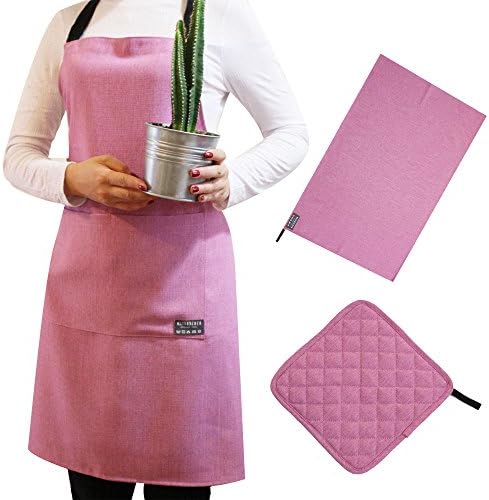 Maison De Coco Cs50 Linen Textured Apron Set with Multi Purpose Cloth and Pot Holder 3 Set (Mauve)