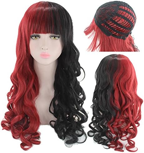 ATAYOU® New Fashion Long Curly Cosplay Wigs - High Quality Red Black Hair Wigs for Cosplay Halloween Party Costume with 1 Free Wigs Cap (Half Wine Red and Half Black)