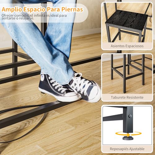Simple Wisdom Barra Desayunador para Cocina,Barra de Cocina Convertible en Forma de L con Tomas de Corriente,Barras para Cocinas Pequeña de 3 Piezas y 2 Taburetes,Juego de Mesa de Bar(Color Negro)
