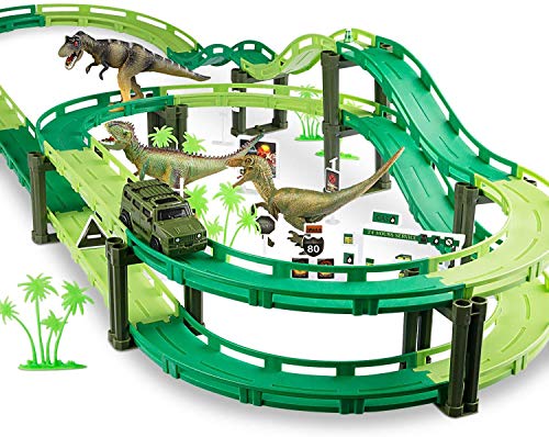 Magicfun Dinosaur Race Track - Car Race Track Train Tracks Set with 1 Car and 3 Dinosaurs Toys for Boys Toddlers Kids Game Gifts Playset