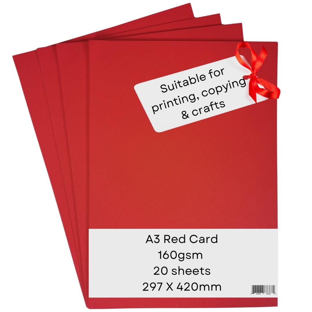A3 Red Card Paper Printer - 180gsm 20 Sheets - Coloured - Suitable for Craft, Printing, Copying, Photocopiers