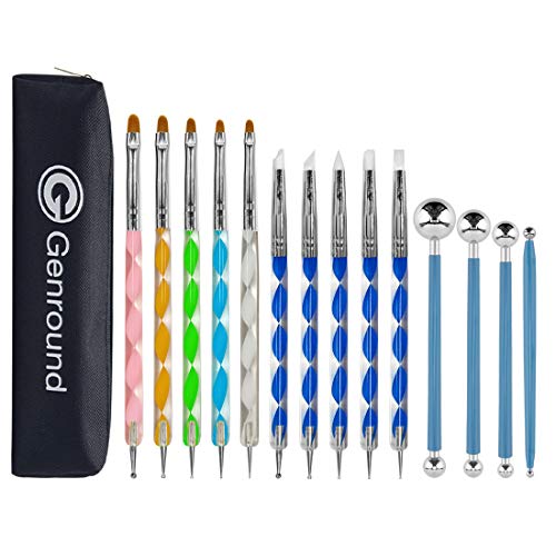 Polymer Clay Tools, Genround 14pc Upgrade Pottery Tools Modeling Clay Sculpting Tools, 4 Ball Stylus Tool, 5 Dotting Tools with Rubber Tip, 5 Modeling Tools with Paint Brush, and Storage Bag