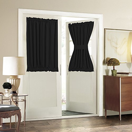 Aquazolax Black Curtains for Door Window, Privacy Protect Window Treatment Door Curtain, Solid Thermal Insulated Drapes for French Front Glass Doors, 54x40 Inches, Single Panel with Tie Back