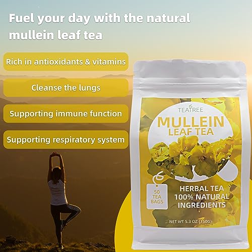 Mullein Tea Bags for Lung Cleanse and Respiratory Support - 50 Tea Bags - 100% Natural Mullein Leaf Herbal Tea Granules - Caffeine Free and Non-GMO