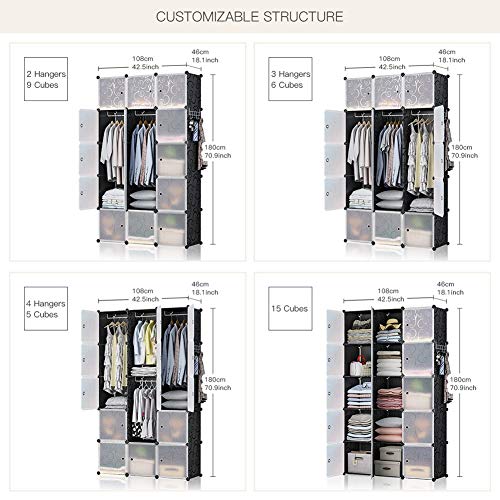 GEORGE&DANIS Portable Wardrobe Plastic Modular Closet Organization Customizable Cube Storage Organizer Bedroom Armoire Dresser, Black, 2 Hangers & 9 Cubes