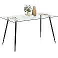 Tangkula Glass Dining Table, Modern Rectangular Table with Tempered Glass Tabletop & Black Steel Legs, Simplistic Kitchen Table, 51 x 27.5 x 29.5 Inch, Versatile Table for Home Office