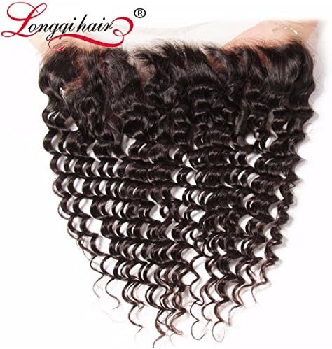 Longqi Beauty Brazilian Deep Wave Frontal Closure 13x4 Ear To Ear Free Part Lace Closure Brazilian Deep Curly Frontal Virgin Human Hair(Frontal 16inch, Natural Color)