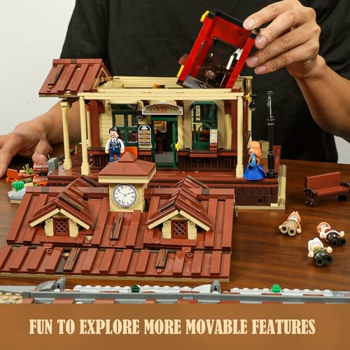 Funwhole Wild West Train Station Lighting Building-Bricks Set - 1975 Pcs Collectible Train Playset for Adults and Teens