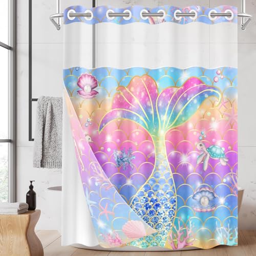 Nesphy No Hook Pink Blue Mermaid Tail Shower Curtain with Snap in Fabric Liner Set, Cute Purple Summer Sea Turtle Coral Double Layers Waterproof with See Through Top Bath Curtain 71x74 Inch
