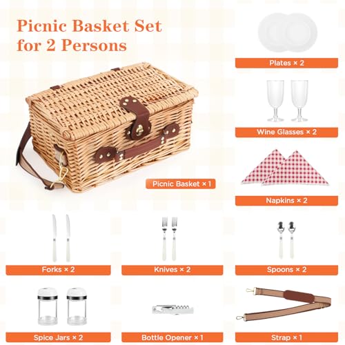 Wicker Picnic Basket Wicker Picnic Basket for 2 Person - Picnic Set with Insulated Compartment, Plates, Cutlery, Wine Glasses, Corkscrew - Perfect for Beach, Country, Park & BBQ Gift