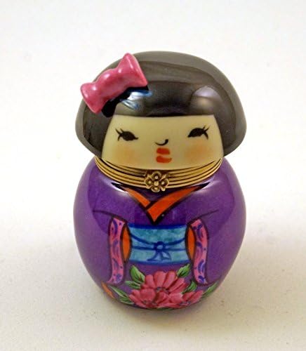Authentic French Porcelain Hand Painted Limoges box Cute Japanese Kokeshi Doll in Amazing Floral Outfit