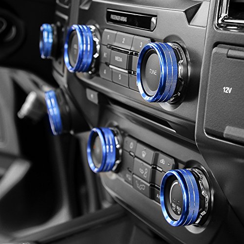 JOIN-WIT 6pcs Inner Air Conditioner & Audio & Trailer & 4WD Switch Knob Ring Button Cover Trim for Ford F150 XLT 2016 2017 (Blue)