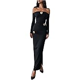 GORGLITTER Women's Flower Off The Shoulder Bodycon Maxi Dress Long Sleeve Ruched Dresses Wedding Guest Going Out Dress