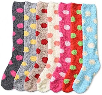 Styleyet Women Soft Cozy Fuzzy Winter Plush Knee Socks 9-11 (6Pack-Multi Color) (Polka dot)