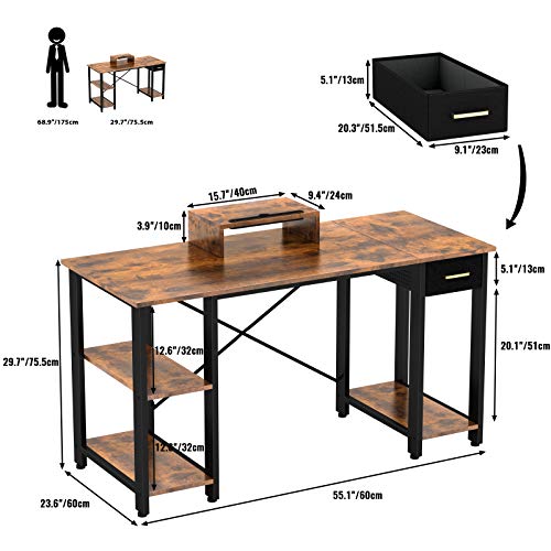 Engriy Computer Desk 55 inch, Desk with Storage Shelves and Drawer