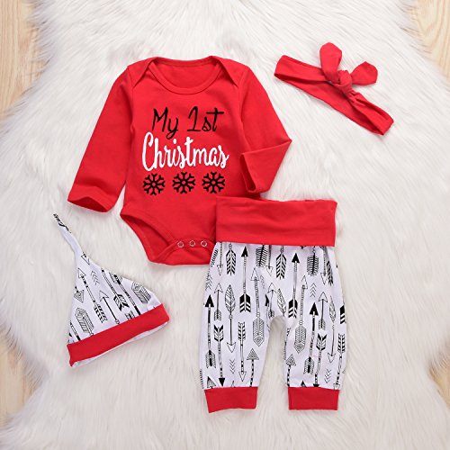 4Pcs Christmas Baby Boy Girls Long Sleeve Snow Romper Bodysuit+Arrow Pant+Hat+Headband Clothes (6-12Months, Red&White)