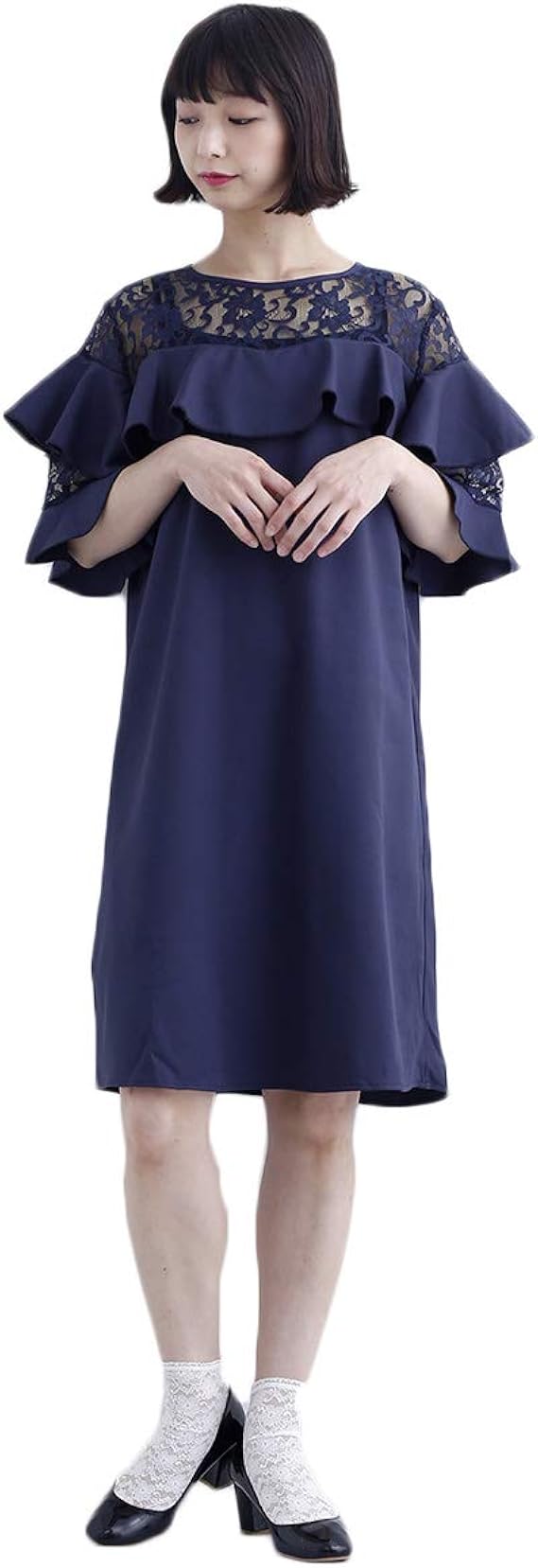 Amazon メルロー Merlot デコルテレースラッフル袖付きワンピース7236 Free ネイビー ワンピース チュニック 通販