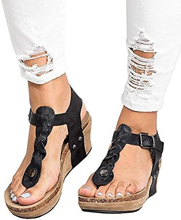 Women Sandals Wedges Boho Braided Casual Summer Crisscross T-Strap Mid Heel Wedge Sandal Shoes