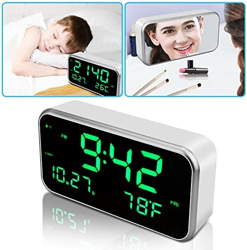 - Alarm Clock - Samshow Digital Clock with Mirror Surface Design - Update Large 9.5”LED Display with Temperature &amp; Calendar - USB Power Desk Clock with Memory Battery Inside - 3 Channels Alarm