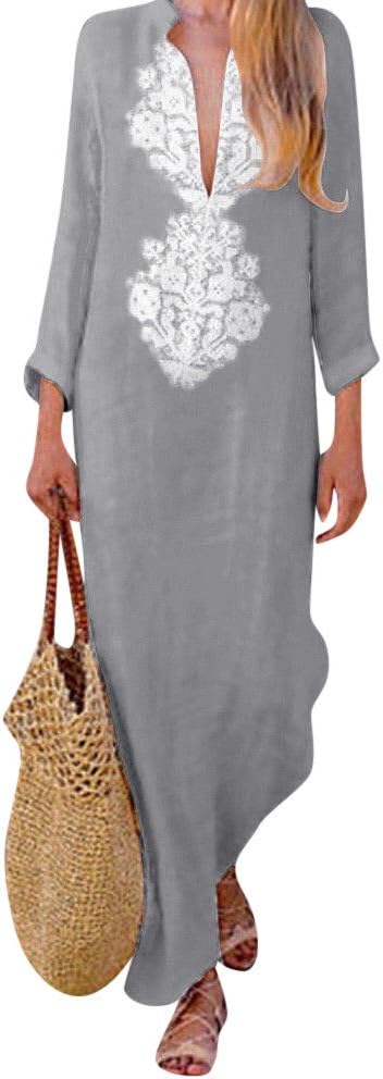 Womens Paisley Long Sleeve Slit Maxi Dress Baggy Cotton Linen Kaftan Dress