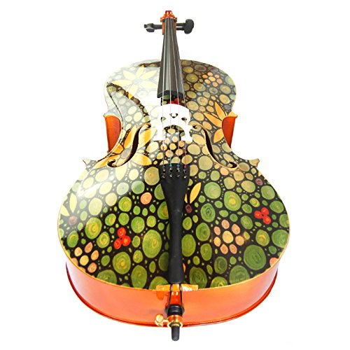 Kinglos 4/4 Green Yellow Flower Colored Solid Wood Student Cello Kit with Soft Case, Stand, Bow, Rosin, Bridge and Extra set of strings Full Size (HSDT018)