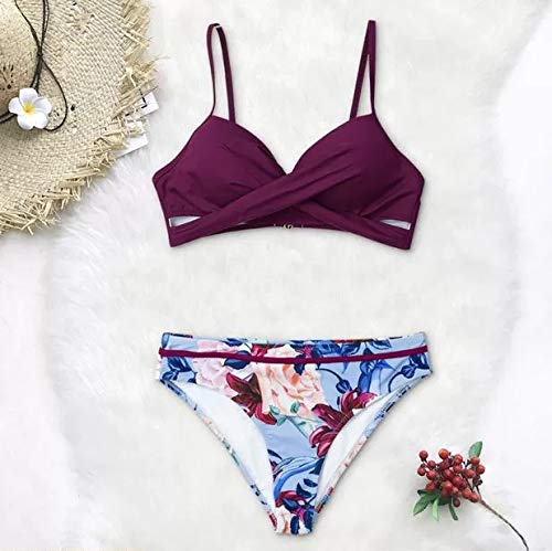Y&R Direct Womens Swimsuits Two Piece Sexy Bathing Suits Push Up Bikini Wrap Top Floral Bottom Dark Violet