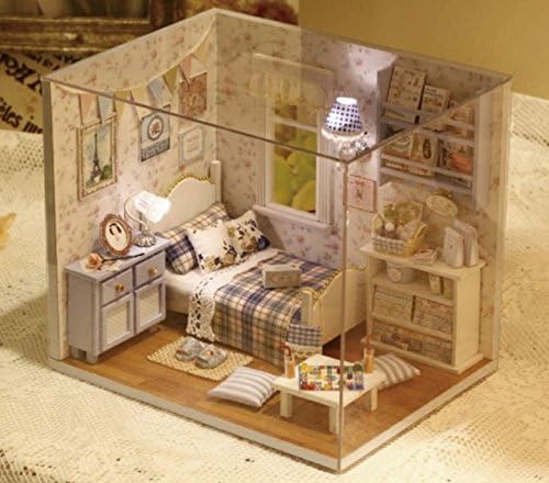 Kissy Land Toy Wooden Dollhouse with Furniture Vintage Toys + Light (Sunshine Overflowing (Blue))