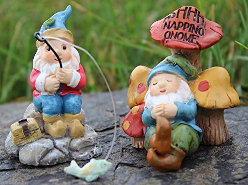 Giftcraft Set of 2 Miniature Fairy Garden Gnomes - Fishing and Napping