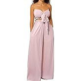 WXN Womens Two Piece Outfits Tie Front Bandeau Crop Top and Wide Leg Pants Set Vacation Summer Outfits with Pockets