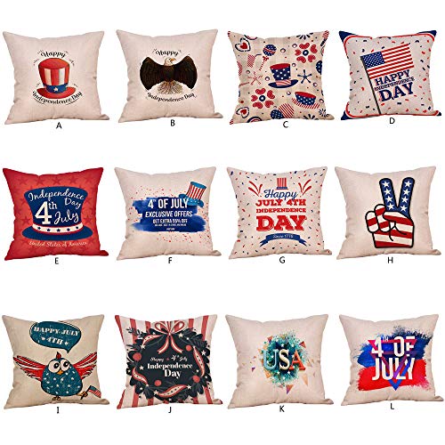 TTbuy 1PCs Decor Cushion Cover Independence Day Style Throw Pillowcase Cotton Linen Pillow Covers,4th July Decorations,18x18 Inches,for Garden Sofa Bed Car Pillows,Etc (I)