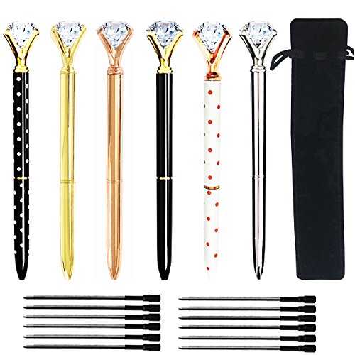 Youyuan 6 Pcs Diamond Ballpoint Pen Rose Gold Pens with Big Rhinestones Crystal Metal Ball-Point Bling Pen for Stylish Fancy Office Supplies, 12 Black Refillable Ink, 6 Different Colors