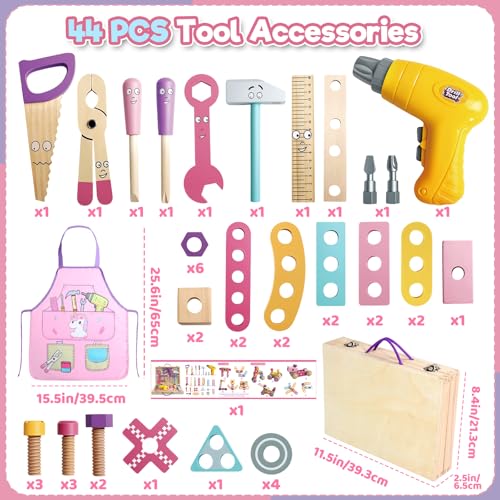 Kids Tool Set Wooden Toys for 3 Year Old Girls, 47 PCS Montessori Toys with Toy Drill & Tool Box & Apron, Pretend Play Educational Building Construction Toys for 3 4 5 Year Old Girls Gifts