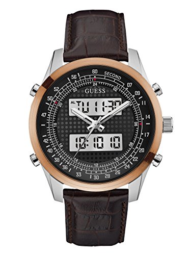 GUESS Men's U0861G1 Trendy Silver-Tone Stainless Steel Watch with Digital Dial and Brown Strap Buckle
