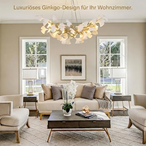 PIOUTNF Branch Chandelier, Modern Dining Table Chandelier, Ceramic Ginkgo Leaf Chandelier, 10 x G9, Dimmable, L91.5 cm, Suitable for Living Room, Hallway, Kitchen, Bedroom, Without Bulb