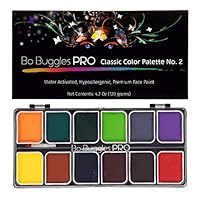 Bo Buggles Professional Face Paint Kit. Face Painting Palette No.2 Water-Activated Loved by Pro Painters for Vibrant Detailed Designs. 12x10 Gram Paints +2 Brushes. Safe Quality Makeup Paint Supplies