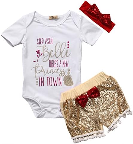 Cute Newborn Baby Girl Print Short Sleeve Bodysuit Gold Sequins Pants With Headband Short Set Outfits Clothes