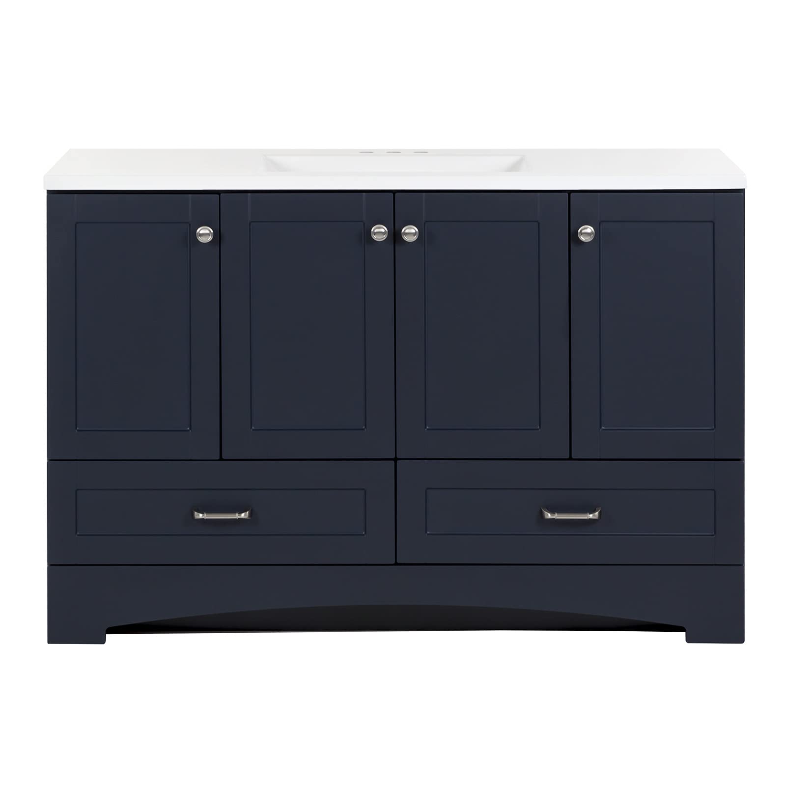 Photo 1 of **SELLING FOR PARTS. MAJOR DAMAGE TO SINK** Mill Cabinets Emlyn 48 Inch Bathroom Vanity with White Single Sink Top, 3 Cabinets, 2 Shelves, 2 Drawers, 48.5" W x 18.75" D x 32.89" H, Deep Blue