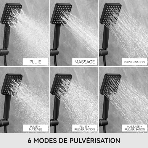 Auralum Matte Black Thermostatic Shower Column, Complete Shower Set with 30 cm Rain Canopy and 6 Jets Shower Head, Anti-Limescale Bathroom Mixer, Adjustable Bar 88-124 cm