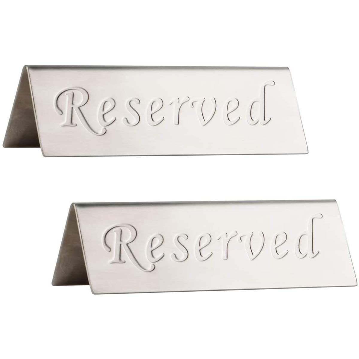 POFET 2pcs Reserved Sign - Brushed Stainless Steel Free Standing Table Top Compliance Sign - Double Sided - 12 x 4 cm Silver