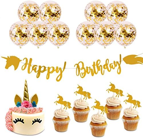 Unicorn Party Supplies Set Baby Shower Party Kit Unicorns Party Decoration for Girls Birthday Includes | Happy Birthday Banner | Glitter Balloon | Unicorn Horn Cake Topper | Cupcake Topper